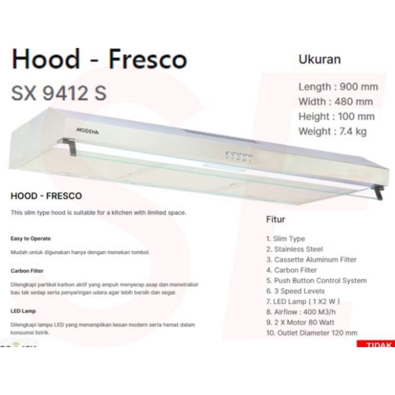 Cookerhood Modena SX 9412 S Slim Cooker Hood 90cm  SX9412S / SX 9412S / Stainless