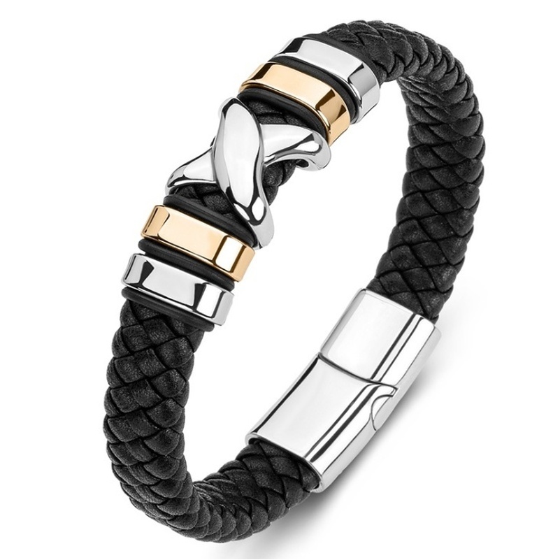 2022 Gelang Tangan Magnetik Bahan Kulit + Stainless Steel Warna Hitam / Coklat 18.5 / 22 / 20.5cm Untuk Pria