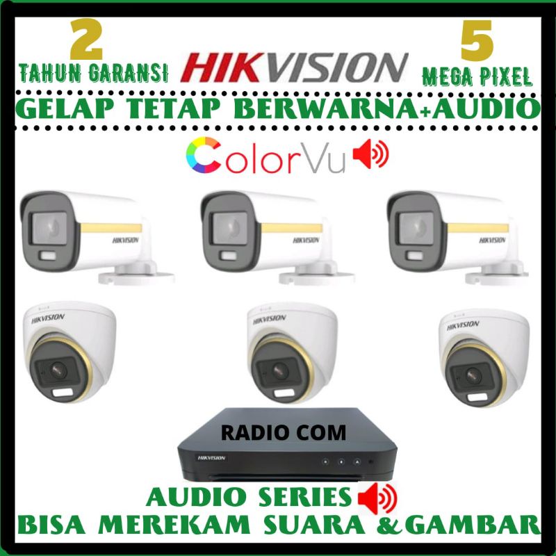 PAKET CCTV HIKVISION COLORVU 5MP 8 CHANNEL 6 KAMERA GELAP TETAP BERWARNA+AUDIO