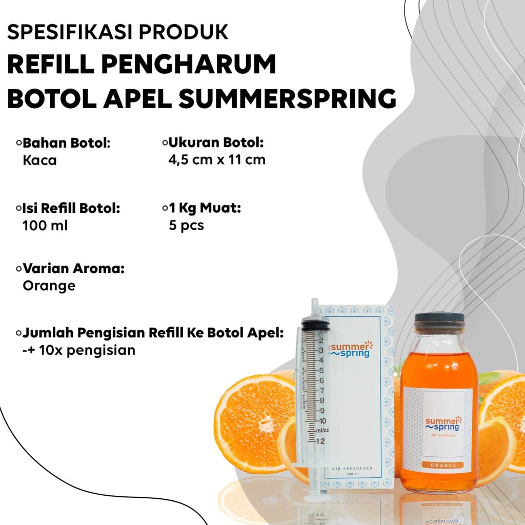 Parfum Mobil Pengharum Ruangan Pewangi Kamar Tidur Harum Summer Spring | Refill Apel | Aroma Orange