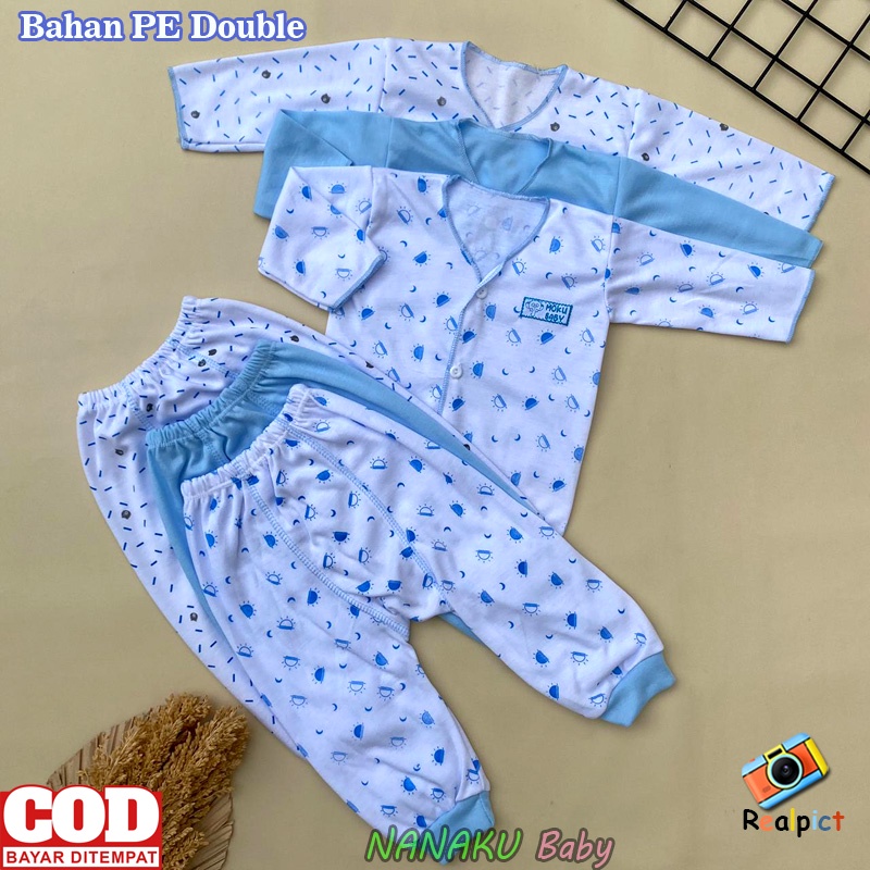 Isi 6 PCS Baju Celana Bayi Lengan Panjang Celana Pempers Bayi Seri Biru Usia 0-3 Bulan