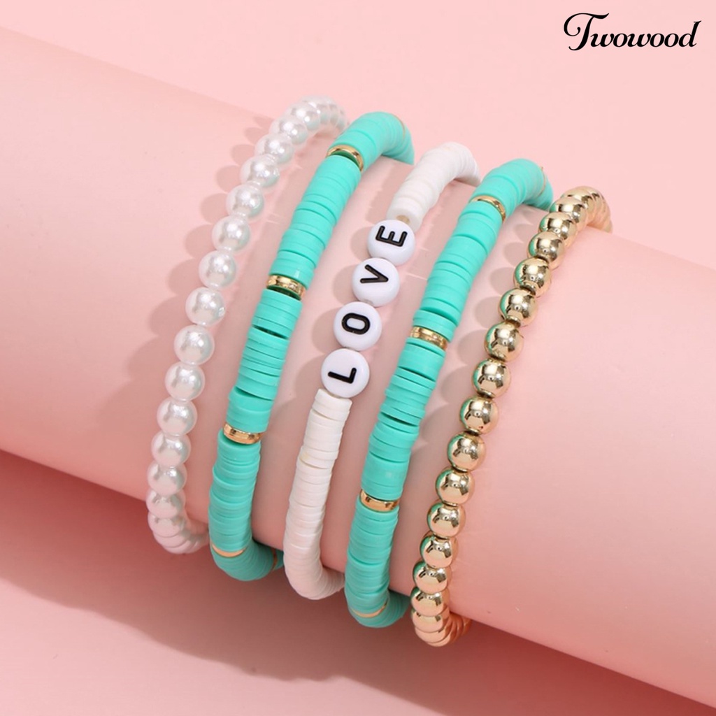 5pcs Gelang Bahan Polymer Clay Motif Tulisan Love Warna-Warni Gaya Bohemian Untuk Unisex