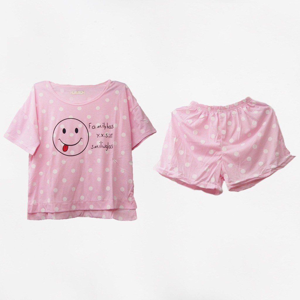 [COD]#888 baju tidur wanita motif smile polkadot bahan katun adem dan lentur