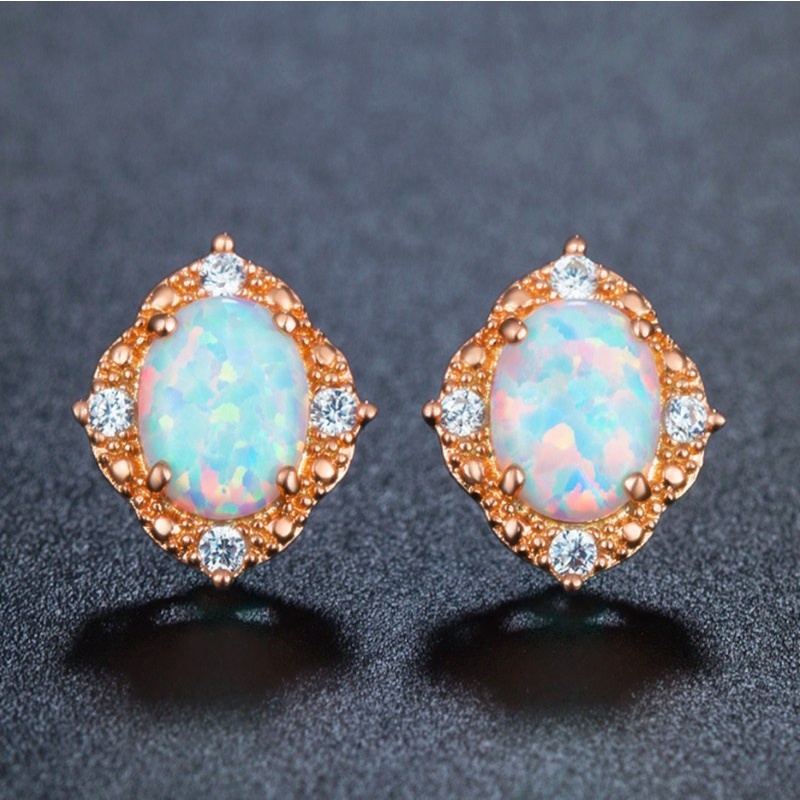Fashion Jewelry Stud Earrings Rhombic Pattern Earring With White Oval Opal For Women Gifts