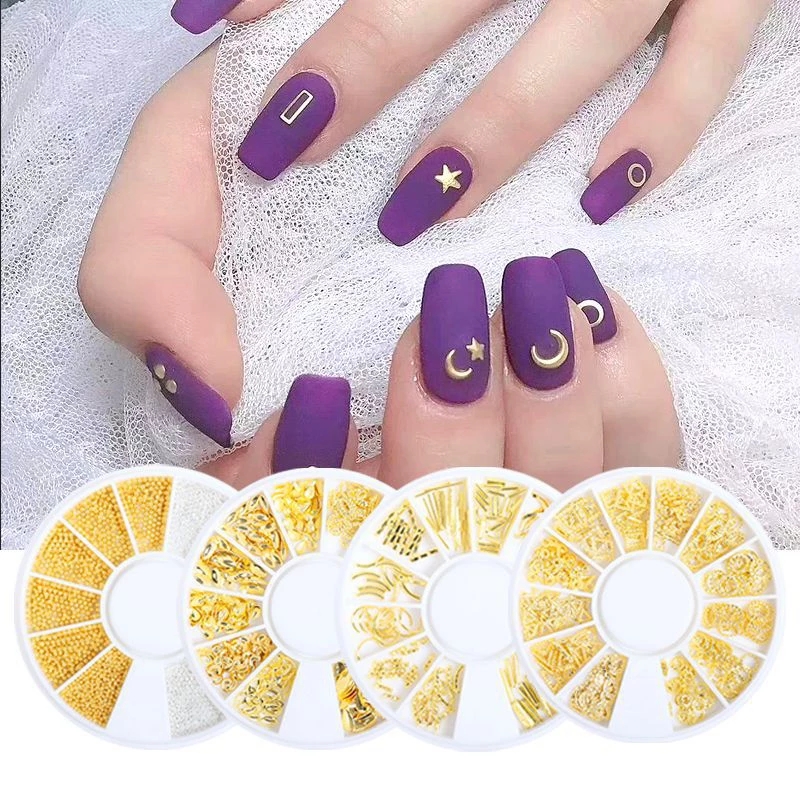 Ins Campur Manicure Tahan Lama DIY Nail Art 3D Mini Beads Paku Keling Dekorasi Stiker Kuku Emas Logam Metal Gold Rivet Aksesoris