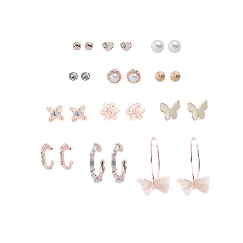 9 / 12 Pasang / Set Anting Tusuk Desain Kupu-Kupu / Bunga / Bintang / Huruf Hias Berlian Gaya Simple Untuk Wanita