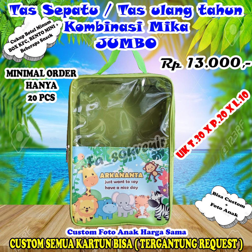 Tas custom nama tas ultah kombinasi mika jumbo / tas sepatu / bahan tebal dan super awet ( FREE DESI