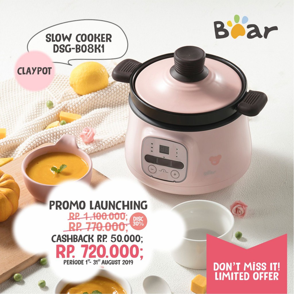 BEAR DIGITAL SLOW COOKER WITH CLAY POT 0.8L