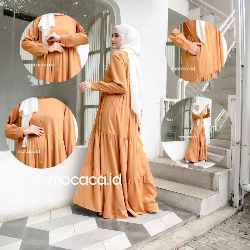 mustard dress wanita ootd hijab mustard coral kuning busuk jumbo full kancing busui rayon twill premium lengan kancing