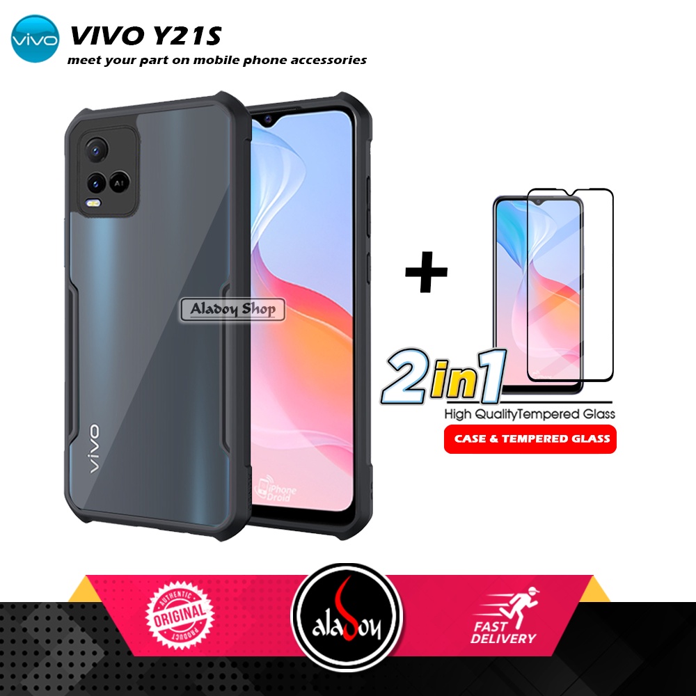 PAKET 2 IN 1 Case Vivo Y21S Armor Fusion Transparent Prmium Casing Free Tempered Glass