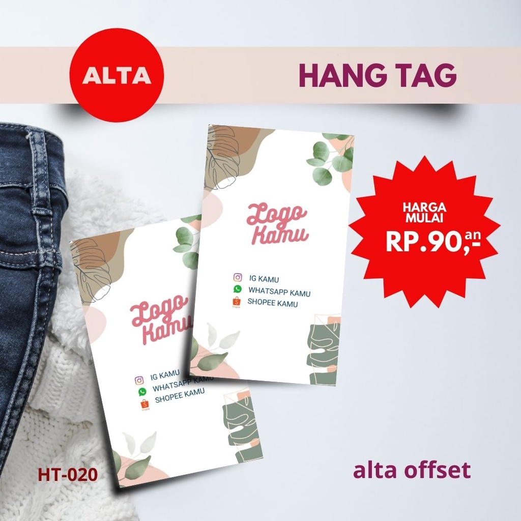 

Hang Tag Baju | Label Baju | Label Produk | Label Merk | Hampers | Bingkisan Kode : HT020 ( Min. Order 130 pcs ukuran 3,5 x 6 cm )