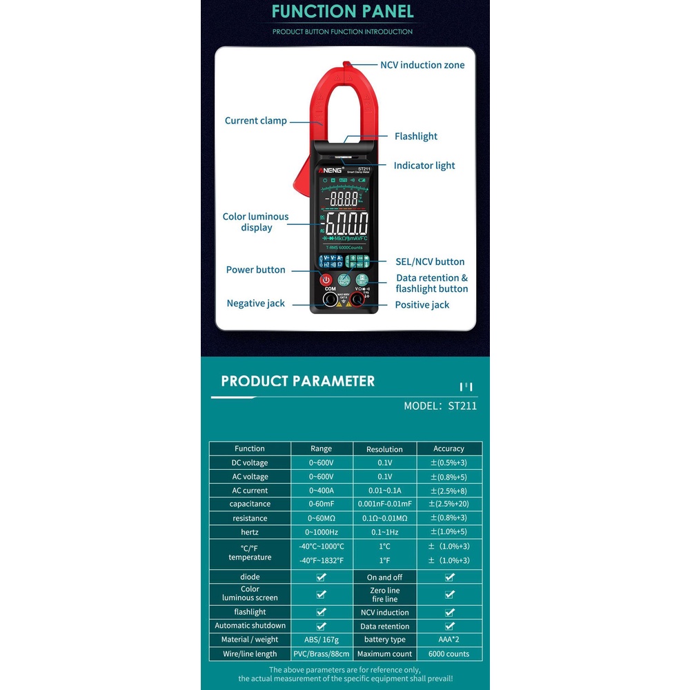 Solighter Digital Clamp Meter Data Show 6000hitan Layar Warna Besar Ampli Mobil Hz NCV Ohm Test Ammeter