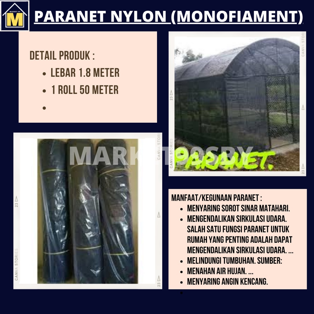 Paranet Nilon Monofilament Ecer Meteran Lebar 1.8 Meter Nylon Peneduh Pagar Pelindung Tanaman 75%