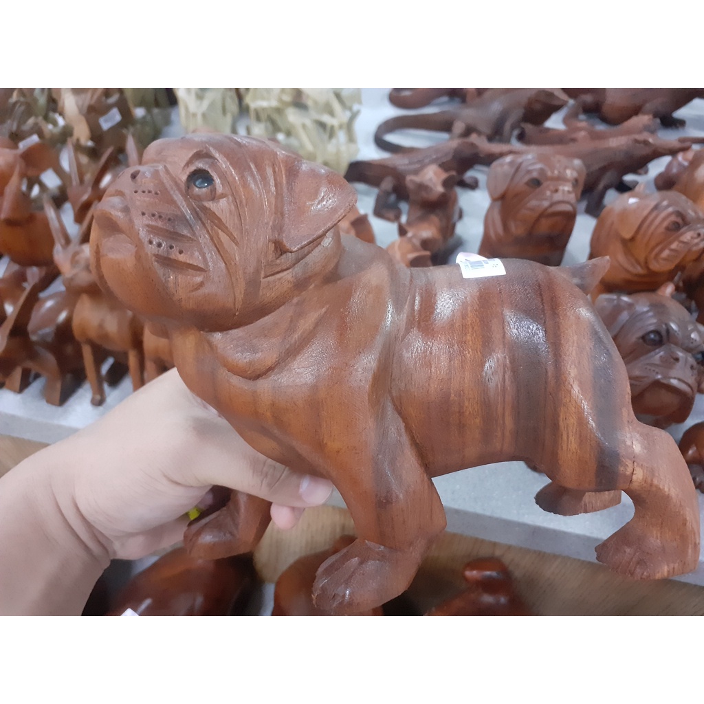 HIASAN RUMAH HANDMADE KAYU ANJING BULLDOG JALAN HIGH QUALITY ASLI BALI 20CM