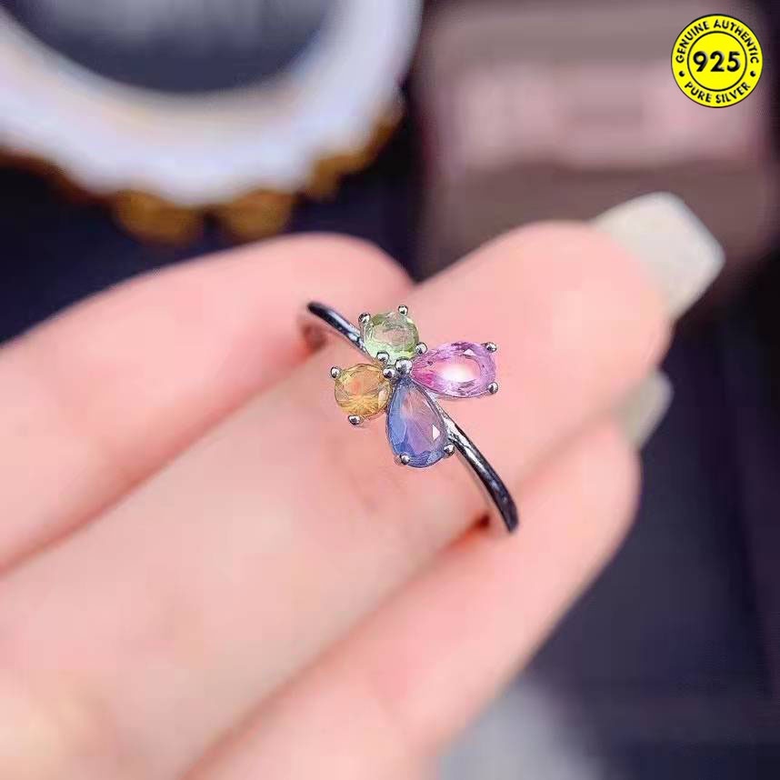 Cincin Model Terbuka Desain Kupu-Kupu Aksen Batu Permata Warna-Warni