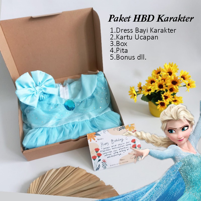 Paket HBD Elsa Kado Ulang Tahun Baju Dress Gaun Bayi Murah Minnie Snow White Promo KA01