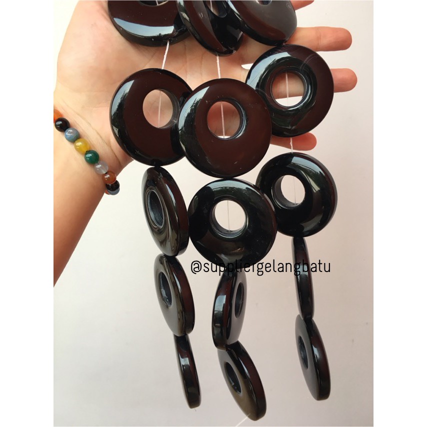 Batu alam cincin donat ONYX HITAM 6 x 6cm kalung liontin bandul akik beads aksesoris fashion grosir