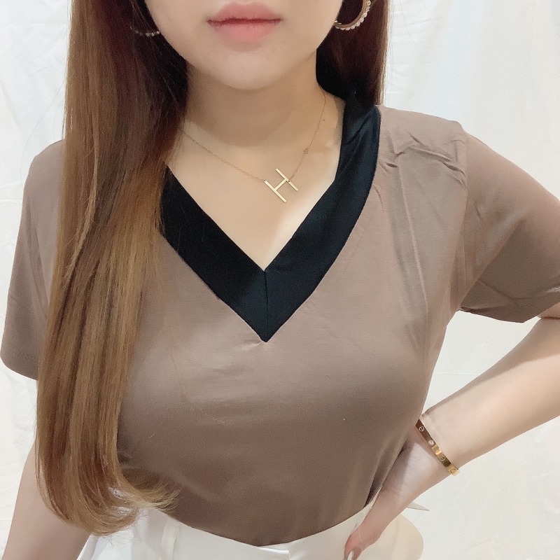 Color Block V-Neckline  | Baju Kaos Jumbo Bigsize Atasan Wanita | Maimon Grosir