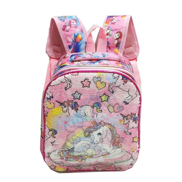 PROMO TAS Anak Sekolah TK - Ransel Sequin USAP Berubah Gambar Kuda UNICORN Lolipop Pink Muda