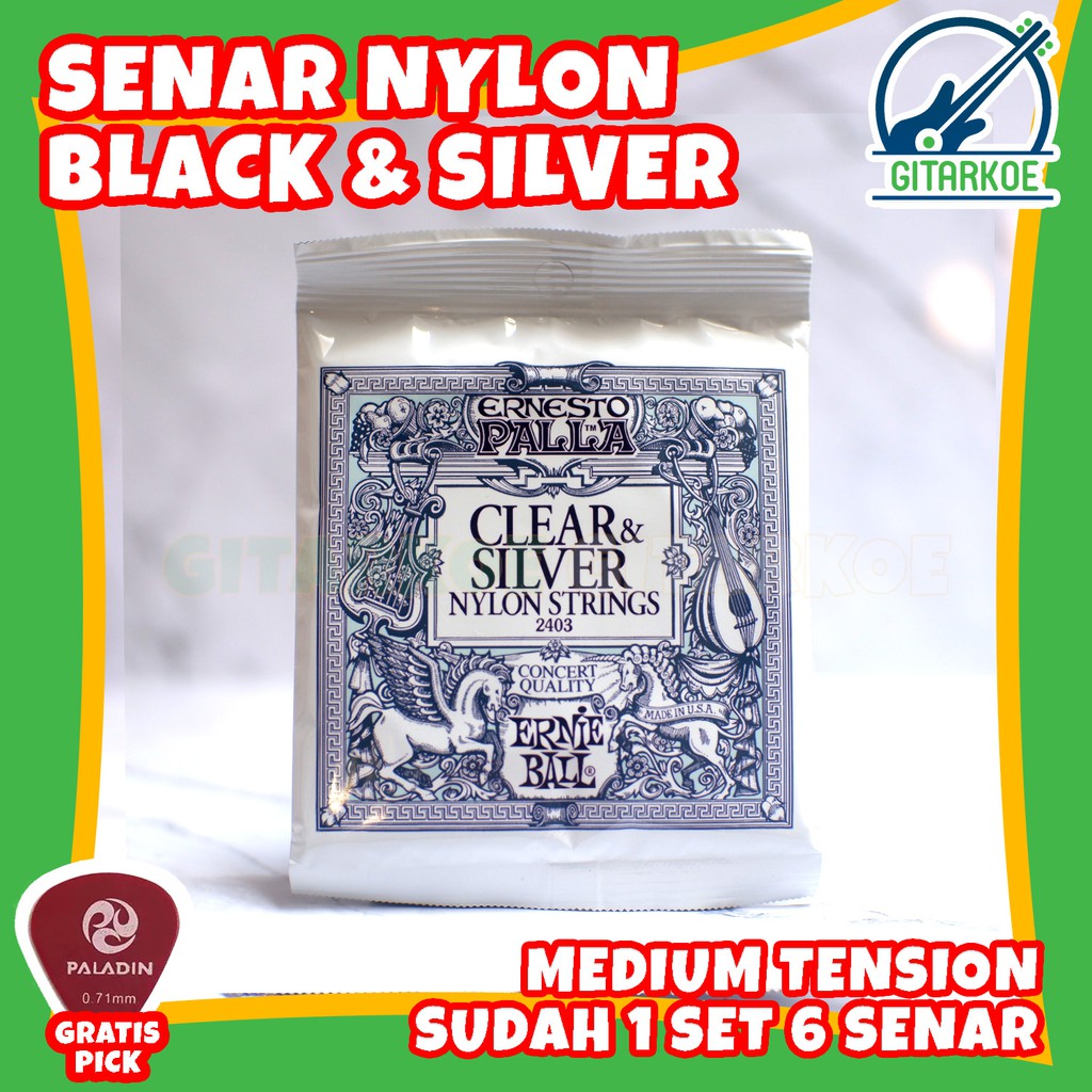 Senar Nylon ERNIE BALL Gitar Klasik Clear &amp; Silver Classic Nilon String Normal Tension