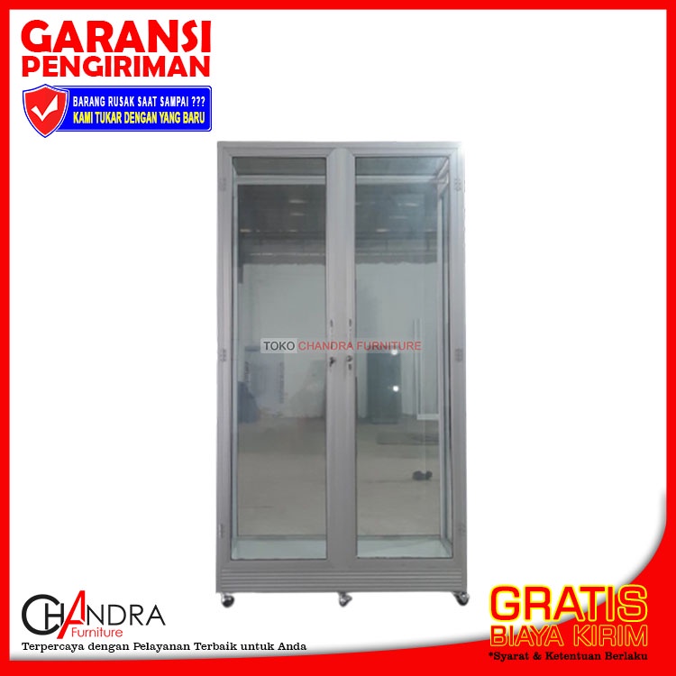 Lemari Baju Gantung Aluminium Kaca Bening + Roda Tiang Silver