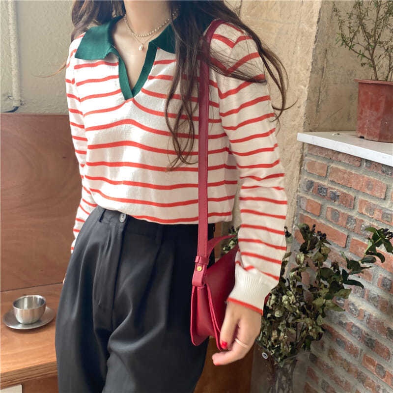 YIU YIU Rajut - Polo Shirt Rajut Premium Stripe Crop Top Lengan Panjang Wanita Korea