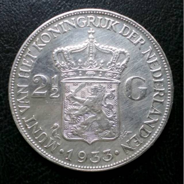 Koin silver perak Belanda ratu Wilhelmina 2.5 Gulden 1933 deep hair/rambut kasar rare