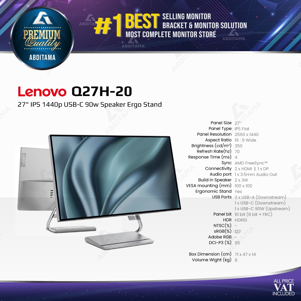 Monitor LED Lenovo Q27H-20 27&quot; IPS 1440p USB-C 90w Speaker Ergo Stand