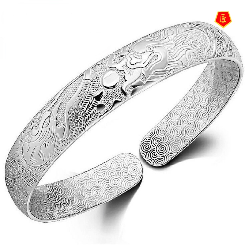 [Ready Stock]Dragon and Phoenix Carved Ethnic Style Silver Bracelet