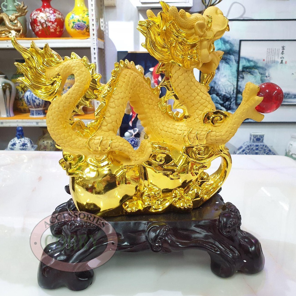 Patung Naga Emas Kayu Gold Imlek 34 Cm Resin Kayu Hoki Imlek Sincia