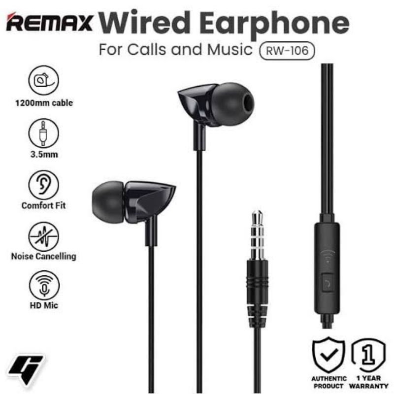 Remax Wired Earphone Type RW-106 / Remax Wired Earphone For Calls &amp; Music / Remax Earphone