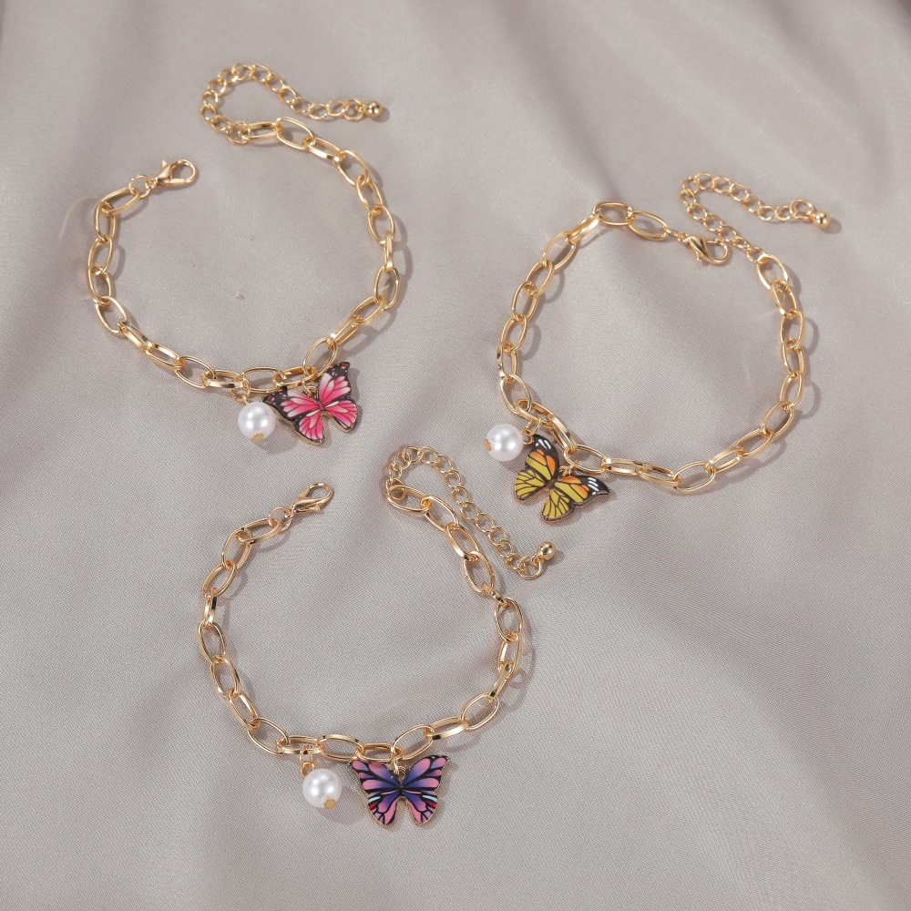 Gelang Kupu-kupu Warna Manis Gelang Rantai Tebal Yang Dipersonalisasi Aksesori Liontin Mutiara Segar Musim Panas