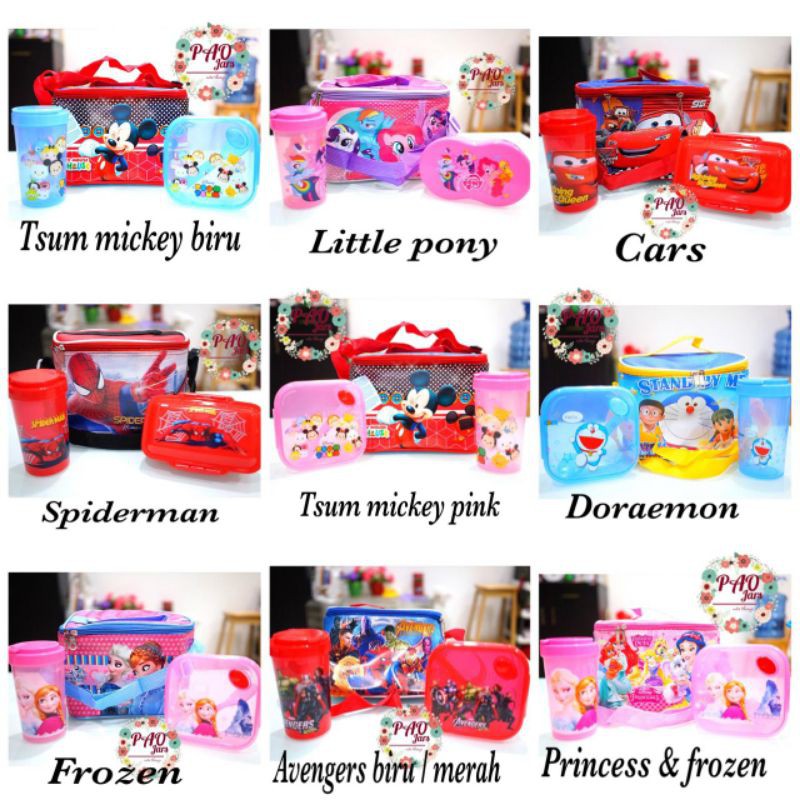 Tempat makan paket anak frozen / tempat makan cars / lunch box set spiderman