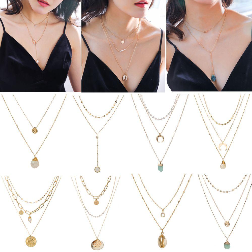 Preva Multilayer Kalung Wanita Bohemian Golden Crystal Choker