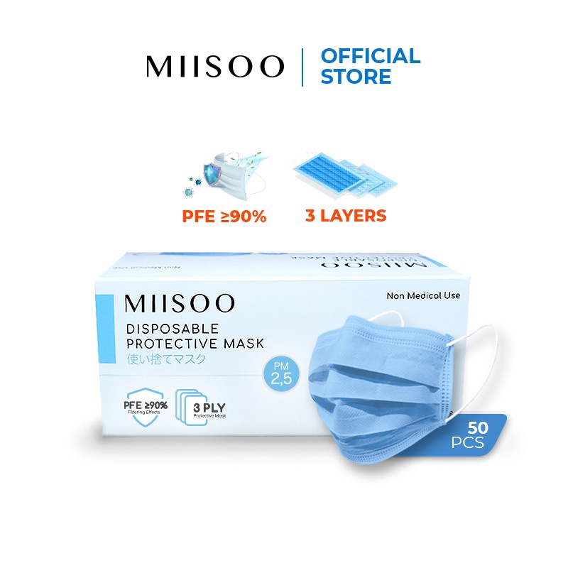 	 MIISOO Disposable Face Mask Earloop 50pcs /BOX Masker Kesehatan 3ply Masker wajah IZIN RESMI BNPB-live	