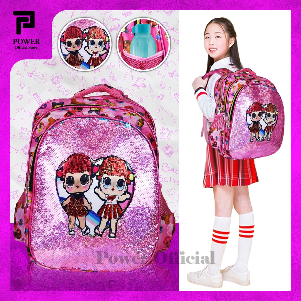 Tas Sekolah Anak Perempuan Ransel Anak SD Karakter LOL Import Sequin Usap + Mata Lampu