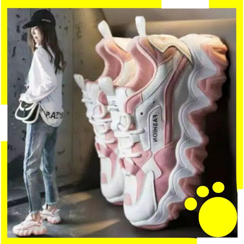 SEPATU SNEKERS SPORT WANITA KOREAN MODE HPD492 WARNA PINK ABU KUNING HITAM CEWEK (REALPICT GESER)