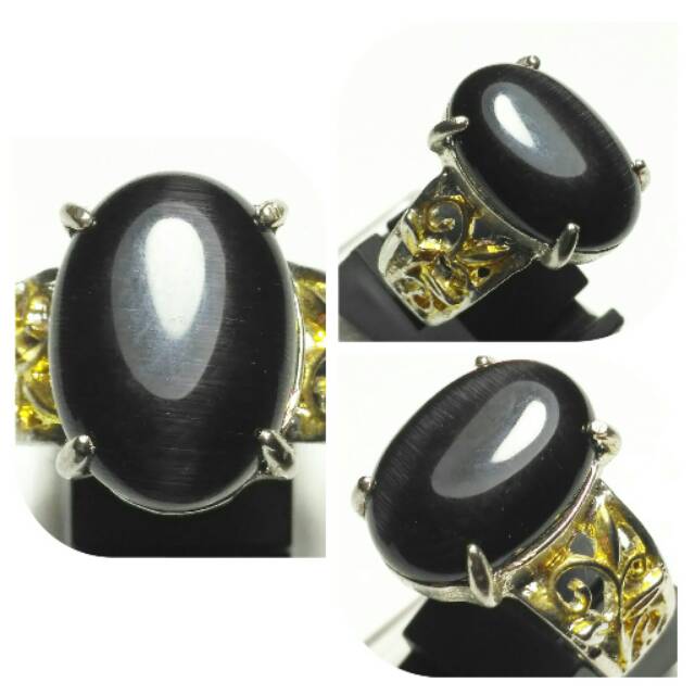 NATURAL MAN MADE CINCIN BATU AKIK CAT EYE HITAM RING WANITA