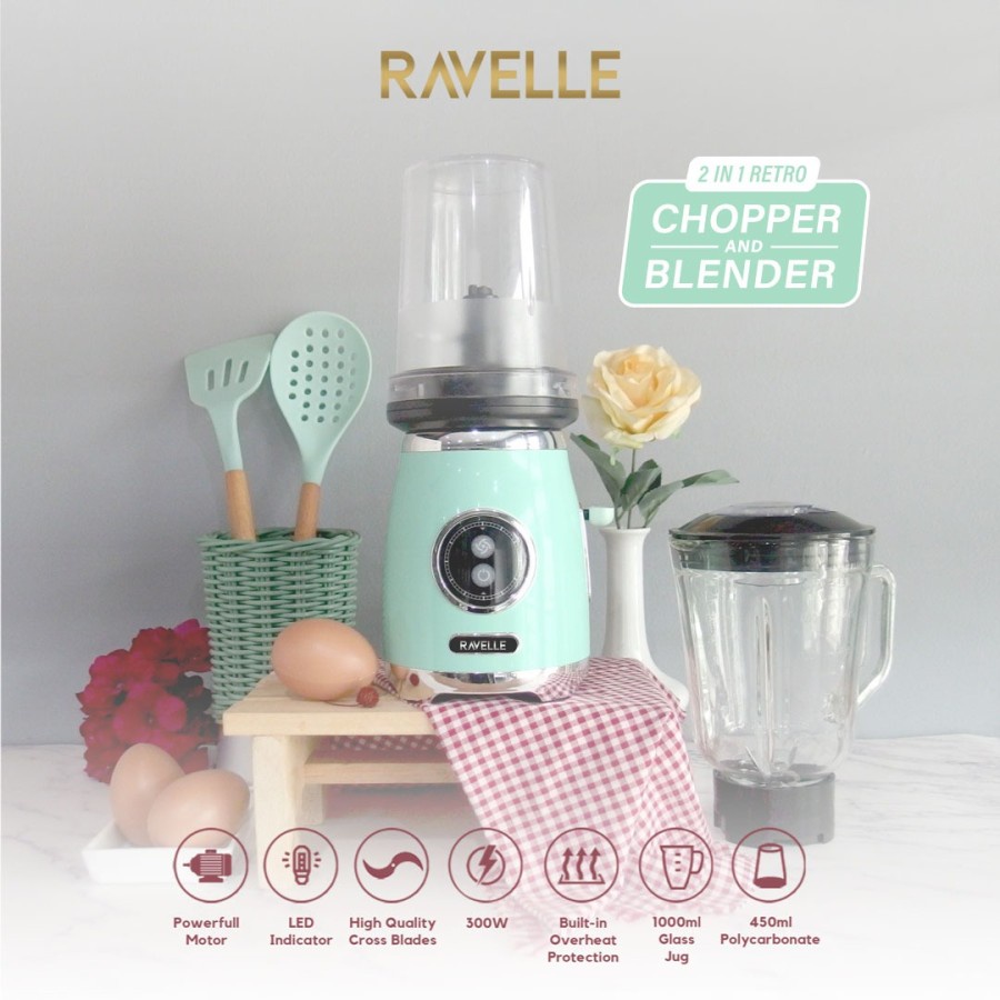Ravelle Retro Blender Plus Chopper - Chopper Blender - Ocean Green
