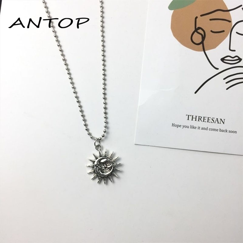 1 PC Perak Fashion Kalung Retro Sun Smiley Liontin Kalung Unisex Aksesoris Mode ANTOP