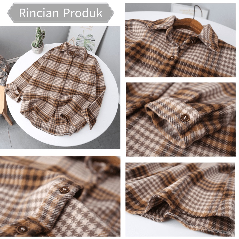 Kemeja Tartan Oversize Wanita Lengan Panjang Kekinian Oversize Shirt Flane Kotak Kotak