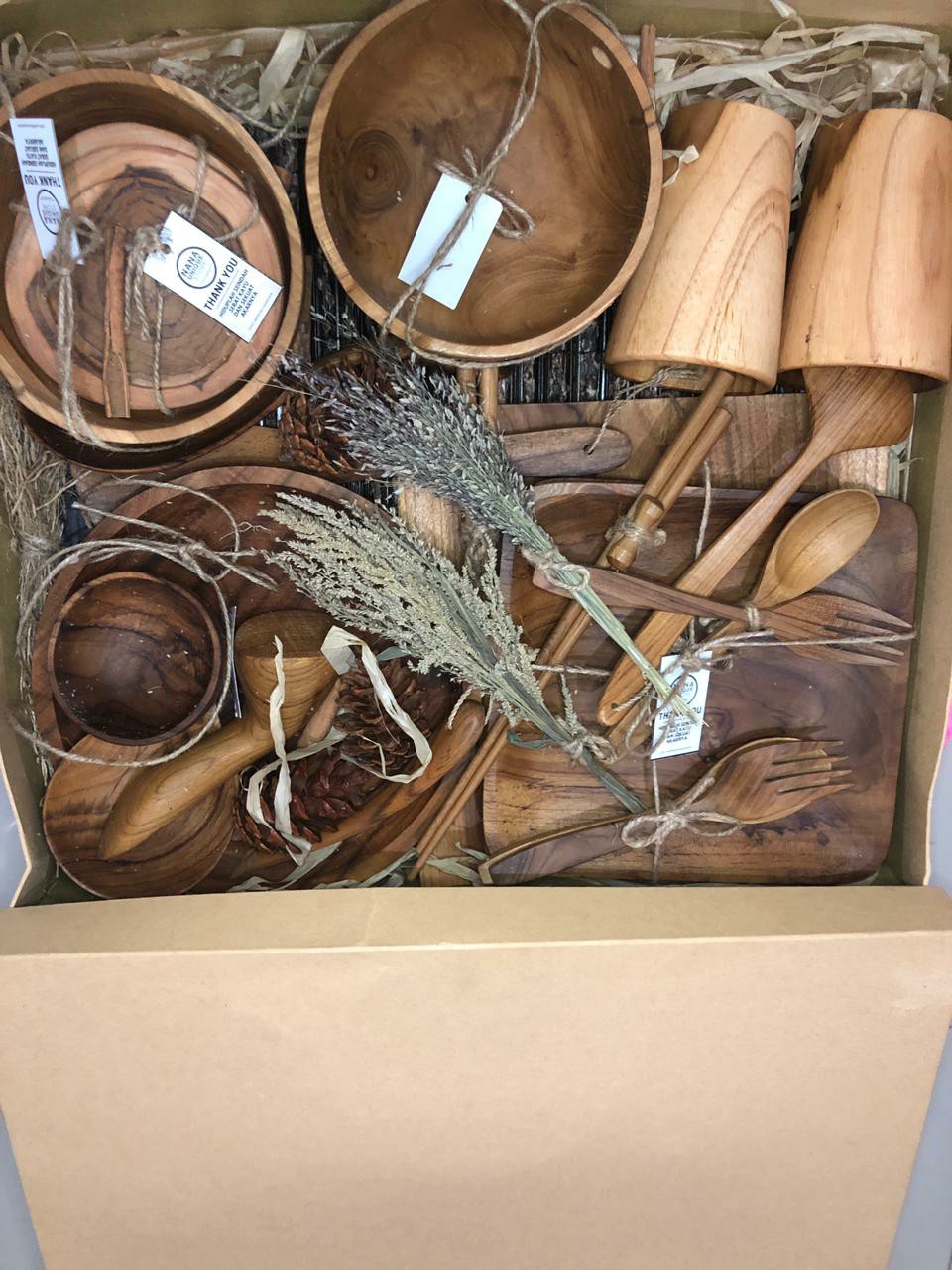 Piring Kayu Dinner Set Wadah Saji Makanan Properti Foto Produk Sendok Garpu Mangkok Nampan Tray Kayu