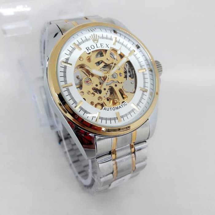 JAM TANGAN PRIA ROLEX RANTAI AUTOMATIC SILVER GOLD COVER GOLD WHITE