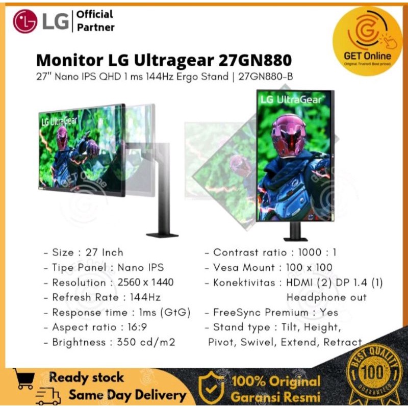 Monitor LED LG 27GN880 Nano 144Hz IPS Ergo QHD HDR 10 GSync USBC 27GN880-b