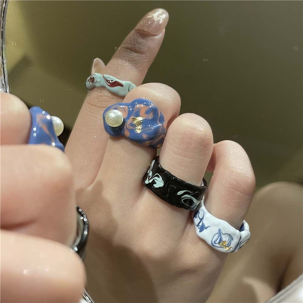 Needway  Retro Open Ring Personality Fashion Jewelry Finger Rings Women Pearl Korean Temperament Painted Flower Girls Alloy/Multicolor