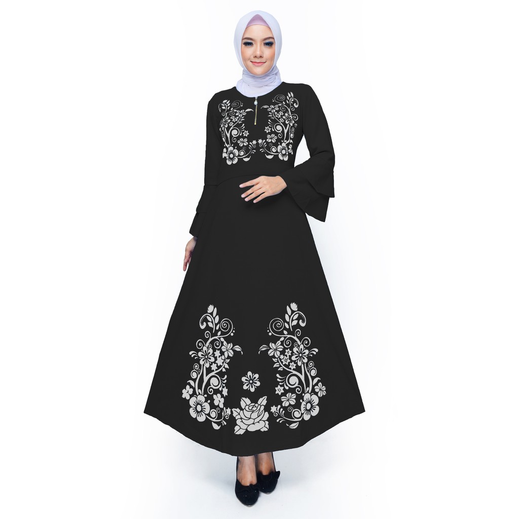 FW Long Dress Gamis maxi Wanita Muslim Print Beludru -  Hilya - Gamis Cantik Murah