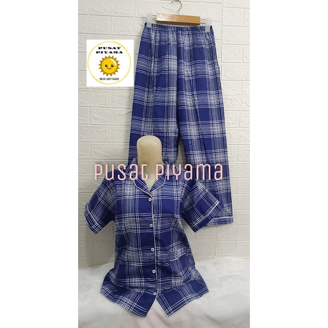 Setelan Lengan Pendek Piyama Baju Tidur Wanita Guilen Kotak Pajamas Cewek Dewasa Kekinian Abg-L Lgn Pendek Navi