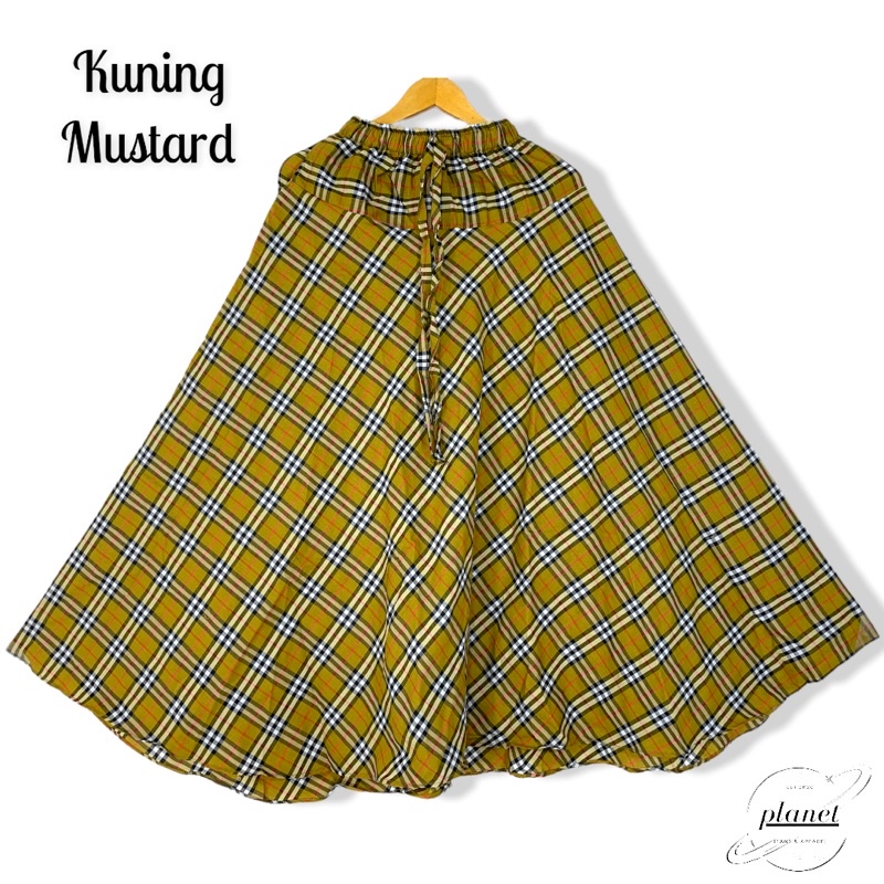 ROK KOTAK KOTAK PANJANG WANITA ROK PAYUNG MAYUNG ROK PANJANG ROK MUSLIMAH MUSLIM DEWASA BAHAN KATUN PINGGANG KARET TALIAN-Kuning mustard