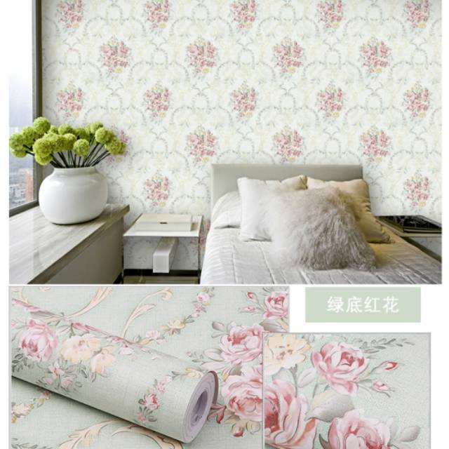 Wallpaper Dinding Stiker Motif Shaby Toska Bunga Toska Ukuran 45 cm x 10 m