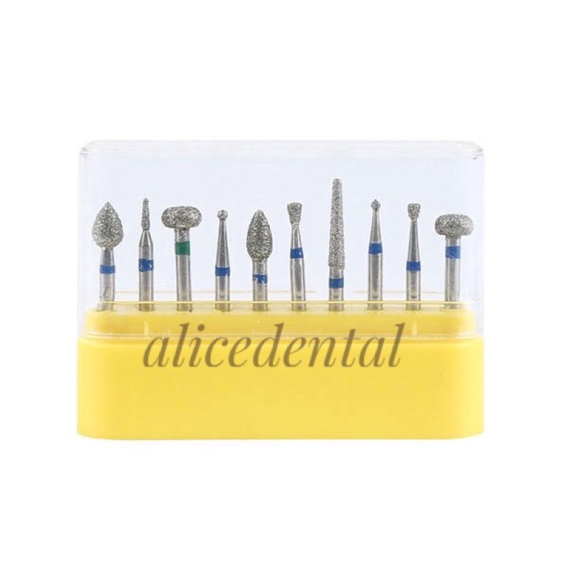 Dental diamond bur set kit preparasi gigi flame wheel inverted round highspeed pita biru hijau high speed